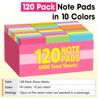 120 Pads Sticky Notes 3x3, Self-Stick Pads Bulk Bright Colors, School Supplies, Office Products, 50 Sheet/Pad - color: Multicolor