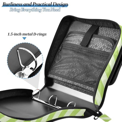 Green Stripes Zipper Binder 3 Ring 1.5 Inch School Binder Organizer with Shoulder Strap Handle File Folder Pockets Large Capacity Students Girl Boy Men Office Work - color: Green Stripes