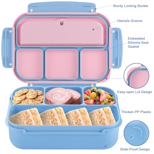 shell and turtle Bento Box Adult Lunch Box, Lunch Containers for Kids Girls Boys with 4 Compartments, Lunchable Food Container with Utensils, Sauce Jar, Muffin Liners, 40 Oz/5 Cup, Blue Pink - color: Blue Pink
