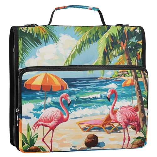 Cute Flamingos Palm Trees and Sea Waves Zipper Binder 3 Ring 1.5 Inch School Binder Organizer with Shoulder Strap Handle File Folder Pockets Large Capacity Students Girl Boy Men Office Work - color: Cute Flamingos Palm Trees and Sea Waves
