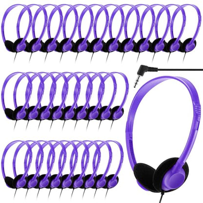 Yunsailing 30 Pack Bulk Headphones Set Over Ear Headphones with Adjustable Headband 3.5mm Plug Headsets Earphones for Learning Program, Computer Lab, Library, Testing & Multimedia Use (Purple) - color: Purple