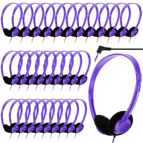 Yunsailing 30 Pack Bulk Headphones Set Over Ear Headphones with Adjustable Headband 3.5mm Plug Headsets Earphones for Learning Program, Computer Lab, Library, Testing & Multimedia Use (Purple) - color: Purple