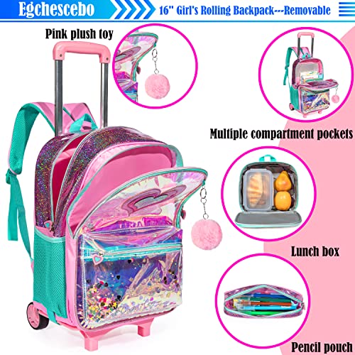 kids Rolling Kid Travel Toddler Duffle Bag Hearts Detachable Backpack for Girls Carry Luggage Roller Computer Suitcase with Pencil Case Lunch Box Wheels Wheeled Clear Backpacks Girls Pink - color: Pink-aixin
