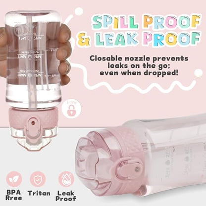 OLDLEY 12oz Kids Water Bottle, Tritan BPA-Free, Leakproof Flip Straw Lid, Motivational Time Marker, Carry Strap, Reusable Clear Water Bottle for Boys & Girls,Cherry Blossom - color: Cherry Blossom, style: 12 Ounces
