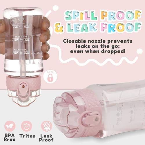 OLDLEY 12oz Kids Water Bottle, Tritan BPA-Free, Leakproof Flip Straw Lid, Motivational Time Marker, Carry Strap, Reusable Clear Water Bottle for Boys & Girls,Cherry Blossom - color: Cherry Blossom, style: 12 Ounces