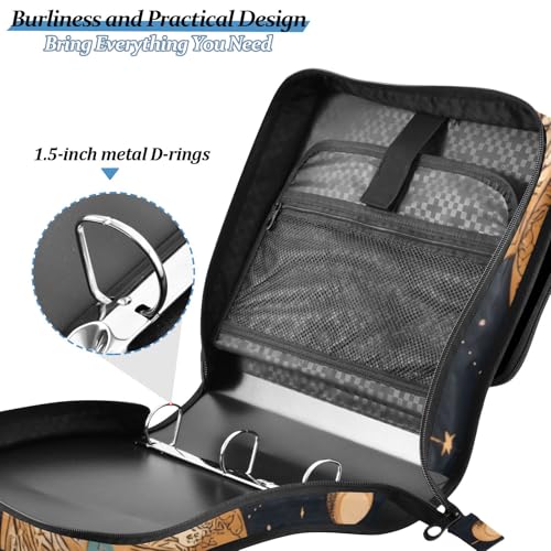3 Ring Zipper Binder with Shoulder Strap Handle Moths Moon Phases Portfolio File Organizer Bag School Office 500 Sheets Capacity 1.5 inch Ring