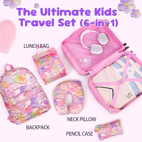16’’ Kid’s Luggage Set with Spinner Wheels, Hardside with Suitcases,6 Piece | Carry on Luggage, Travel Rolling Luggage Airline Approved Suitcase Set with Spinner Wheels Girls Boys - color: Flower