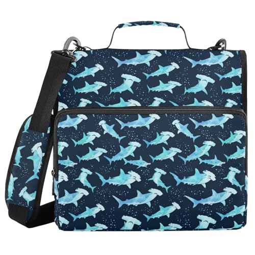 Hammerhead Shark 3 D-Ring 2 inch Zipper Binder Bag with Shoulder Strap, Multi-Pocket Portfolio Organizer Case for 13 Inch Laptop Middle School
