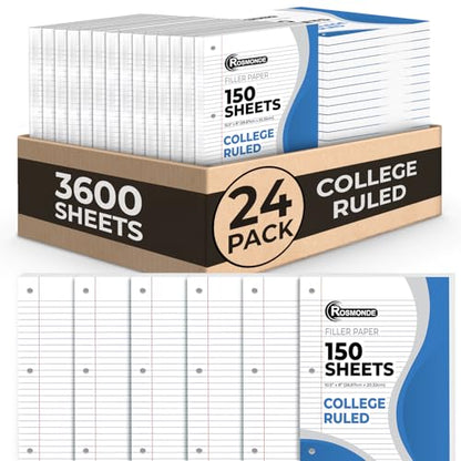 Rosmonde Loose Leaf Paper Bulk, 3600 Sheets, 24 Pack, College Ruled, 8 x 10.5", 150 Sheets/Pack, 3 Hole Punch, Bulk Notebook Paper, Filler Sheets, Fits Standard Binders, Fights Ink Bleed, White - color: College Ruled, size: 24 Pack (3600 Sheets)