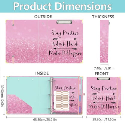 3 Ring Binder 2 Inch, Cute Pink Round Ring Binders with 6 Tab Dividers, Labels Stickers, Low Profile Clipboard with Storage, Fashion Binder School Office Supplies(Stay Positive) - color: Stay Positive