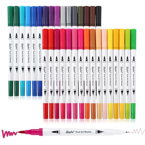 Dual Tip Art Markers for Adult Coloring 32 Colored Pens | Fine and Brush Tip Watercolor Pens for Journaling Note Taking Writing Planning