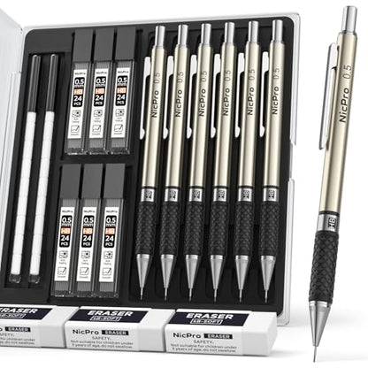 Nicpro 0.5 mm Art Mechanical Pencils Set in Case, 6 PCS Metal Drafting Pencil Lead Pencil 0.5mm with 6 Tube HB Lead Refills, 3 Erasers, 18 PCS Eraser Refills for Artist Writing, Drawing, Sketching - style: 6 Pack (0.5mm)