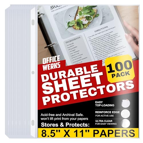 Office Werks 100 Clear Sheet Protectors, 8.5x11 Inch for 3 Ring Binder, Plastic Sheet Sleeves, Top Loading Paper Protector with Reinforced Holes, Archival Safe for Documents and Photos