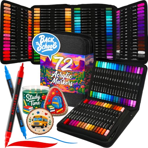 ARTISTRO Acrylic Paint Pens With Storage Bag for Calligraphy - Markers With Brush and Fine Precision Tips - Multisurface Painting for Fabric, Rock, Glass, and More (72 Markers, Dual Tip Brush + Fine)