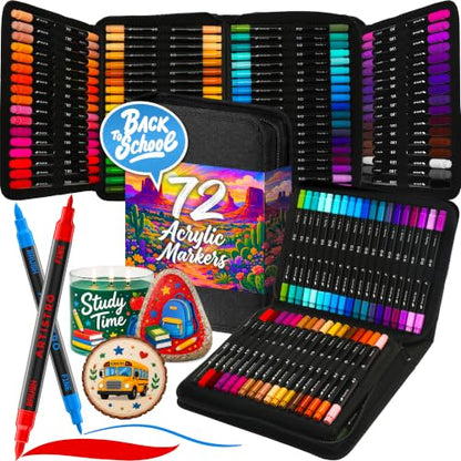 ARTISTRO Acrylic Paint Pens With Storage Bag for Calligraphy - Markers With Brush and Fine Precision Tips - Multisurface Painting for Fabric, Rock, Glass, and More (72 Markers, Dual Tip Brush + Fine)