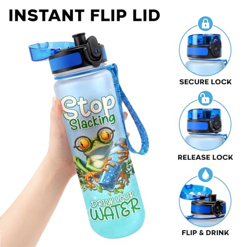 Funny Frog Water Bottle 32oz – Stop Slacking Drink Your Water Motivational Time Marker Bottle, Cute Frog Meme Gift for Animal Lovers, Daily Hydration Tracker - color: Frog