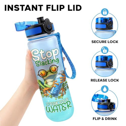 Funny Frog Water Bottle 32oz – Stop Slacking Drink Your Water Motivational Time Marker Bottle, Cute Frog Meme Gift for Animal Lovers, Daily Hydration Tracker - color: Frog