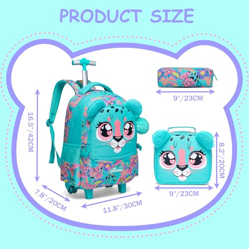 Rolling Backpack for Girls Backpacks with Wheels for Elementary School Students Kids 3 in 1 Travel Luggage Suitcase with Lunch Box Pencil Case for Girls Age 8-10 - color: Green