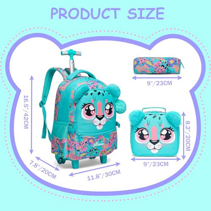 Rolling Backpack for Girls Backpacks with Wheels for Elementary School Students Kids 3 in 1 Travel Luggage Suitcase with Lunch Box Pencil Case for Girls Age 8-10 - color: Green