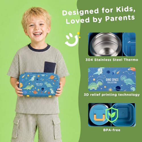 Bento Lunch Box for Kids With 8oz Food Thermo,BPA-Free for School | Lunch Container with 2 Compartments, Insulated Food Jar, Dishwasher Safe, Easy to Clean, Lunch Box for Girls Boys - color: Blue Dinosaur1