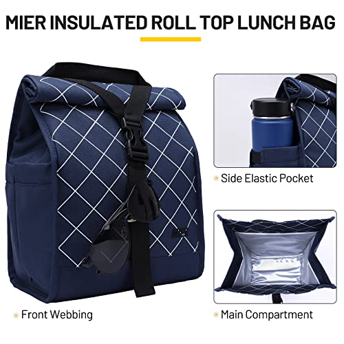MIER Insulated Lunch Bag Roll Top Lunchbox for Women Men Adults Foldable Rolltop Lunch Tote with Shoulder Strap for Work Office Picnic, Water Bottle Holder, Blue - color: Blue