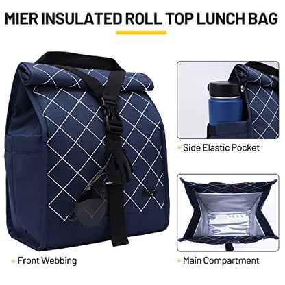 MIER Insulated Lunch Bag Roll Top Lunchbox for Women Men Adults Foldable Rolltop Lunch Tote with Shoulder Strap for Work Office Picnic, Water Bottle Holder, Blue - color: Blue