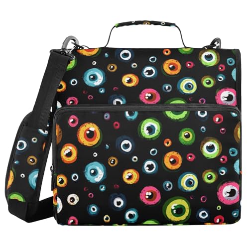 Eyeballs Dark Color Binder Bag Cartoon 1.5 Inch 3 Ring Zipper Bag with Shoulder Strap & Handle, Multi-Pocket Organizer Binder 500 Sheet Capacity for School Office Home