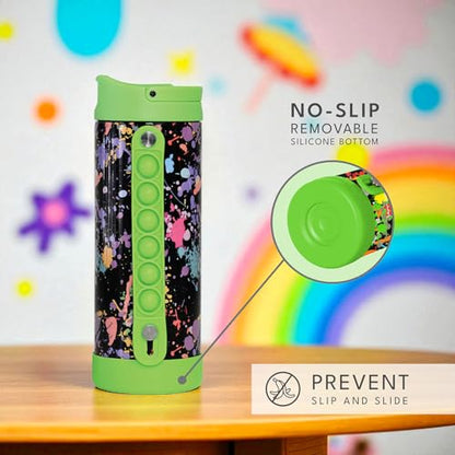 Elemental Iconic Kids Water Bottle with Straw Lid & Stress Relief Pop It Handle, Leak-Proof When Closed, Triple Insulated Kids Stainless Steel Water Bottle For Girls and Boys, 14oz -Green Splatter - color: Green Paint Splatter, size: 14 Ounces