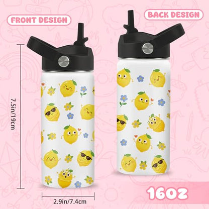 Hiboss Lemon Water Bottle, 16oz Kids Stainless Steel Insulated Water Bottle with Straw Lid, Lemon Travel Cup Tumbler for Women Girls, Birthday Gifts for School, Sport, Travel - color: Lemon