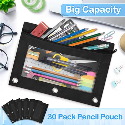 30 Pack Pencil Pouch Bulk, Pencil Pouches for 3 Ring Binder, Zipper Pencil Pouch Bulk for School, Home and Office, Black - color: Black