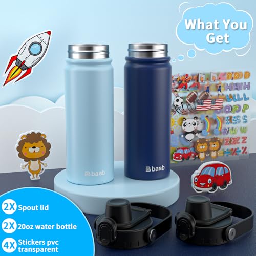 baab 20oz Kids Water Bottle, Insulated Kids Water Bottle with Lockable Spout Lid & Stickers, 18/8 Stainless Steel Vacuum Leakproof Kid Water Cup for Boy Girl & School (Navy Blue+Light Blue, 2 Pack) - color: Navy Blue+Light Blue, size: 20 Ounces