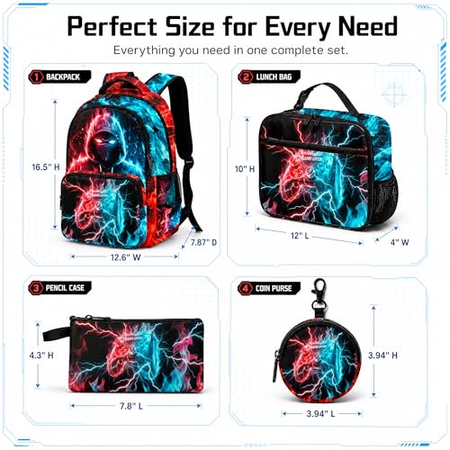 Game Backpack Set for Boys Kids, Gaming Kids Boys Backpack with Lunch Box, Pencil Bag and Coin Purse. Game School Bag 17" (Blue&Red) - color: Blue&red-2