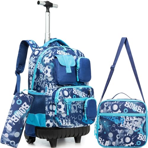 Meetbelify Rolling Backpack for Girls Boys Backpacks with Wheels Kids Carry on Luggage for Girls Boys - color: Boy Football