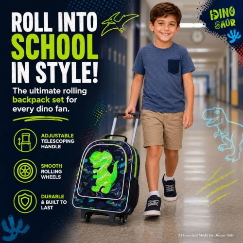 CCJPX 3PCS Dinosaur Rolling Backpack for Boys, 18" Kids Dinosaur Backpacks with Roller Wheels, Wheeled Bookbag with Lunch Box for Toddler Elementary School (Black) - color: Black Green Dinosaur