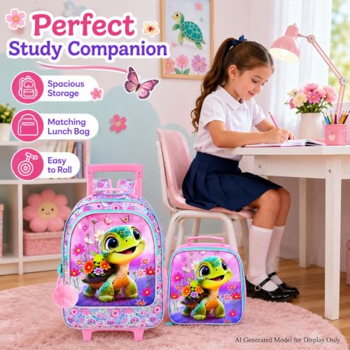 AGSDON 3PCS Kids Rolling Backpack, Girls Roller Wheels Bookbag, Wheeled Elementary School Bag with Lunch Bag - Turtle - color: Turtle Roller
