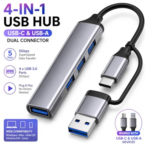 USB Hub 4 Port, USB C & USB A Dual Connector Hub, 1 USB 3.0 & 3 USB 2.0 Ports, Aluminum USB Splitter for Laptop, MacBook, iPad, PC