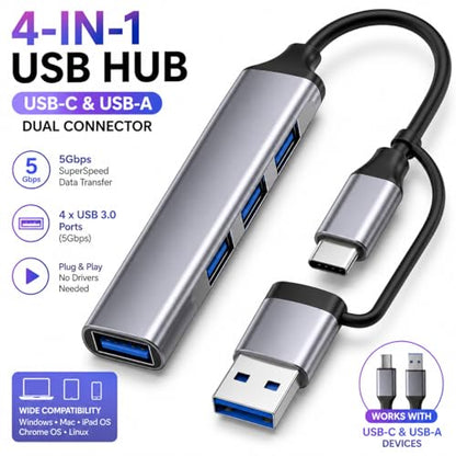 USB Hub 4 Port, USB C & USB A Dual Connector Hub, 1 USB 3.0 & 3 USB 2.0 Ports, Aluminum USB Splitter for Laptop, MacBook, iPad, PC