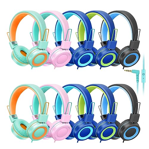 CN-Outlet 10 Pack Classroom Headphones Bulk for K-12 School Kids, Class Set Headphones for Students Teens Library Computer Testing Centers (Mixed Color with Microphone) - size: 10 PACK