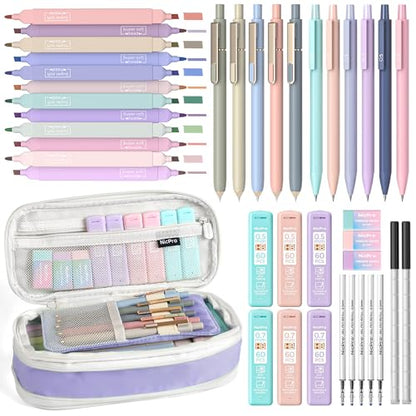 Nicpro School Supplies Stationary Set with Pencil Case, 39 PCS Purple | Back to Schoo Supplies, Pen Case with 12 Highlighter, 5 Gel Pen, 6 Mechanical Pencil, Essentials for College, Nursing Student - color: Purple, size: 39 PCS