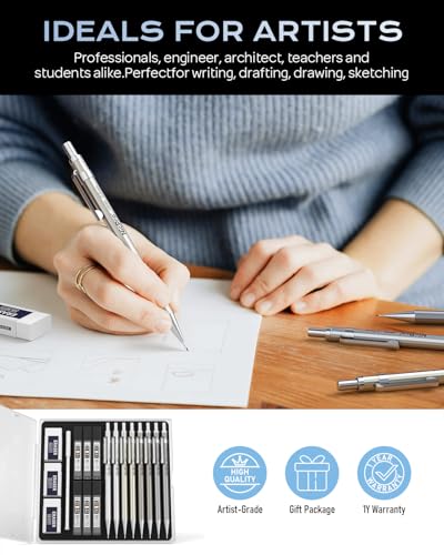 Nicpro 8 Pack 0.5mm & 0.7mm Metal Mechanical Pencil Set, MB1000 | Lead Drafting Pencil for Artist Writing, Sketching, Drawing with 6 Tubes HB Refills, 3×4B Eraser, 9×Cap Eraser - With Case - style: 8 Pack （0.5mm & 0.7mm）