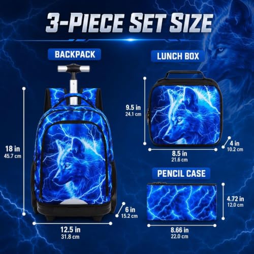 3Pcs Large Rolling Backpack for Boys, 20 Inch Detachable Wheeled Bookbag with Lunch Box, Durable Lightning Wolf Roller Backpack for Elementary Middle School (Blue) - color: Large Wheels Wolf Blue