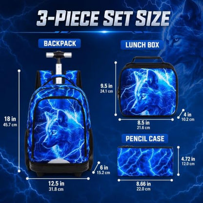 3Pcs Large Rolling Backpack for Boys, 20 Inch Detachable Wheeled Bookbag with Lunch Box, Durable Lightning Wolf Roller Backpack for Elementary Middle School (Blue) - color: Large Wheels Wolf Blue