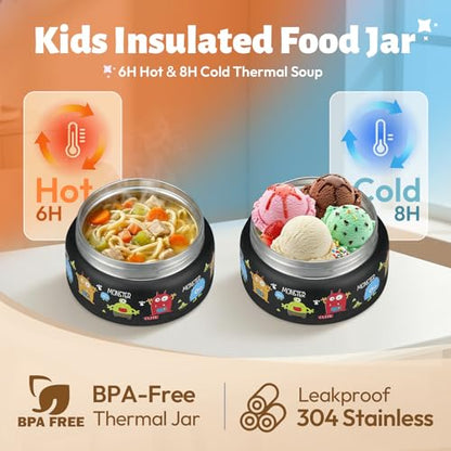 Itslife Bento Box for Kids Set, Insulated Food Container,Kids Lunch Box, 7 oz Thermos for Hot Food, 12 oz Thermos Water Bottle, Reusable Insulated Ice Bag & Fork Spoon Utensils Camping Travel Black - color: Black-MN