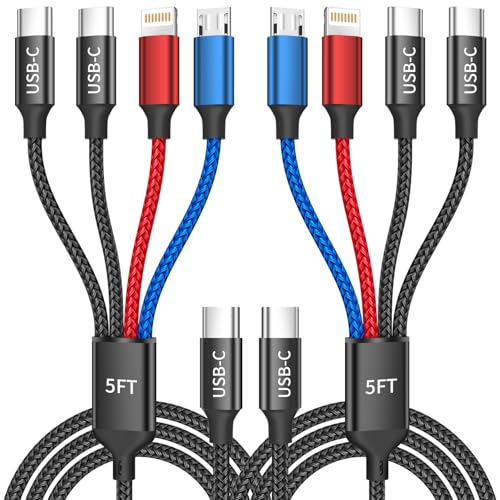 USB C to 4 in 1 Charging Cable with Dual Type-C Port 5FT, Multi Charging Cable for Multiple Devices, USB Cords with IP/Micro/2 USB-C Port for iPhone16/15/14, Androids Tablet Pad Mini Fan (2Pack) - color: Blue+Red+Black, size: 2Pack 5FT