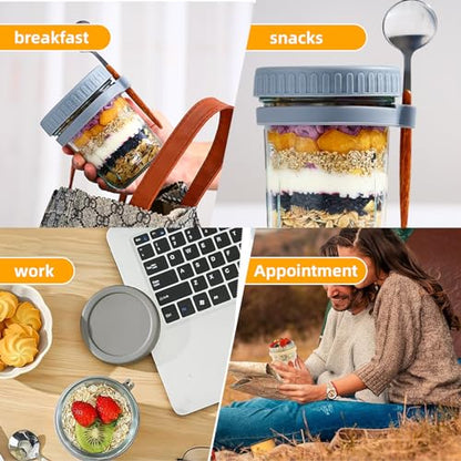 Glass Overnight Oats Containers，with Lids and Spoons，16 oz Glass Food Storage Containers ，Container Meal Prep Jar for Cereal Fruit Vegetable Milk Salad Yogurt