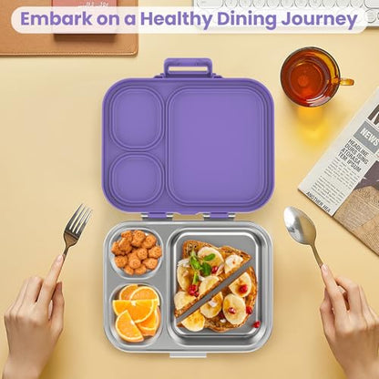 Pawtong Stainless Steel Bento Lunch Box for Kids | 3-Compartment Lunch Box Container Kids | 100% Leakproof, Eco-Friendly, Perfect Portion Control for Kids&Adult Healthy Meals (Purple) - color: Purple