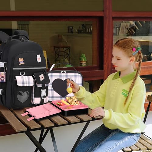 ACESAK Girls Backpack - Bento Box with Insulated Lunch Bag Pencil Case & Utensils Set for Kids, 6 Leakproof Compartments Removable Tray Lunches or Snack Container for School (Black) - color: Black
