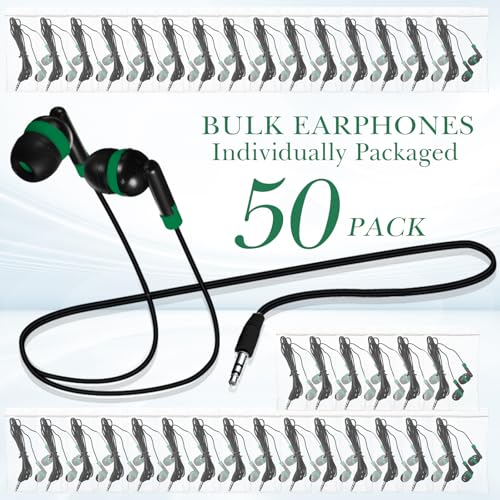 Kanayu 50 Pack Wired Earbuds Bulk for Classroom Ear Headphones Wired Basic Student Earbuds No Microphone with 3.5mm Jack for Class Laptop School Library, Individually Bagged (Green) - color: Green