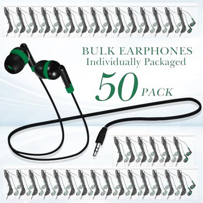 Kanayu 50 Pack Wired Earbuds Bulk for Classroom Ear Headphones Wired Basic Student Earbuds No Microphone with 3.5mm Jack for Class Laptop School Library, Individually Bagged (Green) - color: Green