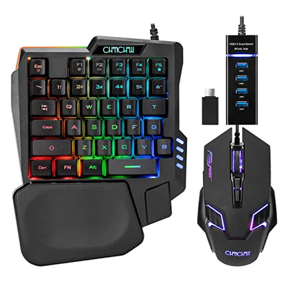One Handed Gaming Keyboard and Mouse Combo for LOL/Wow/fortnite/Dota/PUBG | Half Mini RGB Keyboard, 35 Keys, Ergo Wrist Rest, LED 7200DPI CPI Customize Gaming Mouse, with USB Spilitter, Small Wired Set
